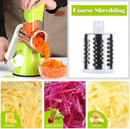 Manual Cheese Rotary Grater - round Mandoline Slicer Shredder with 3 Inner Adjustable Blades (Green)