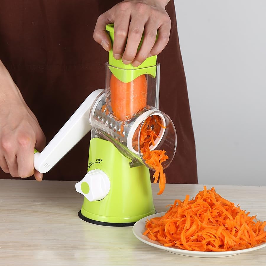 Manual Cheese Rotary Grater - round Mandoline Slicer Shredder with 3 Inner Adjustable Blades (Green)