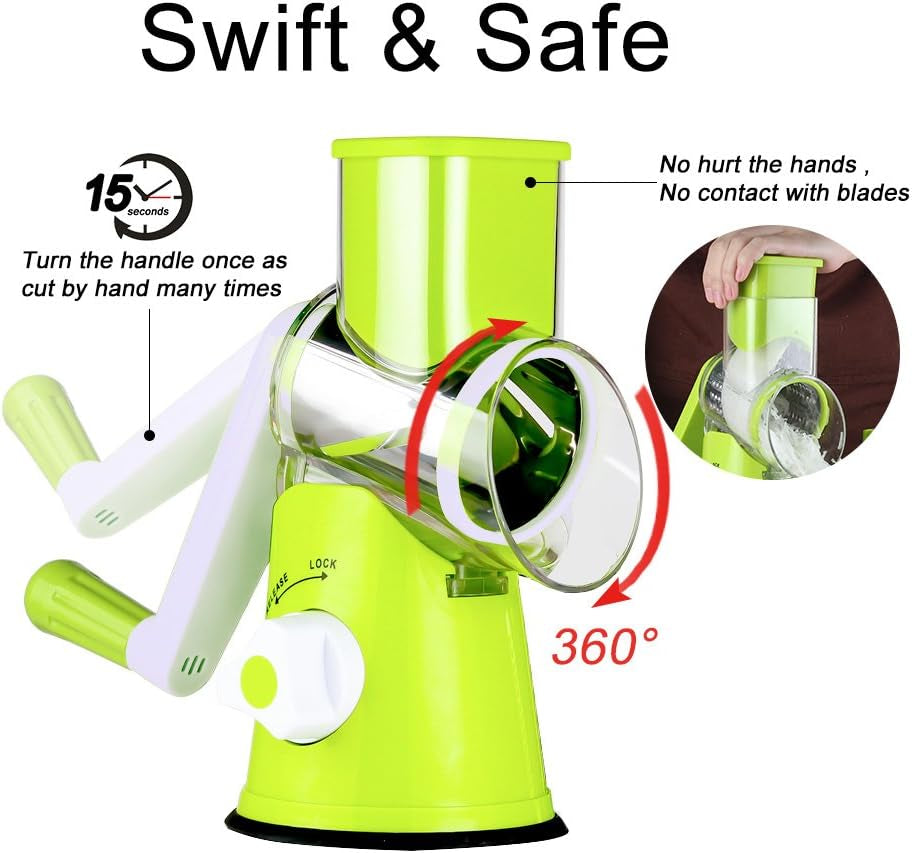 Manual Cheese Rotary Grater - round Mandoline Slicer Shredder with 3 Inner Adjustable Blades (Green)