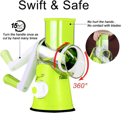 Manual Cheese Rotary Grater - round Mandoline Slicer Shredder with 3 Inner Adjustable Blades (Green)