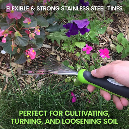 Garden Guru Stainless Steel Hand Rake Soil Tiller with Ergonomic Handle, Great for Gardening, Cultivating, Loosening Soil & Spreading Mulch