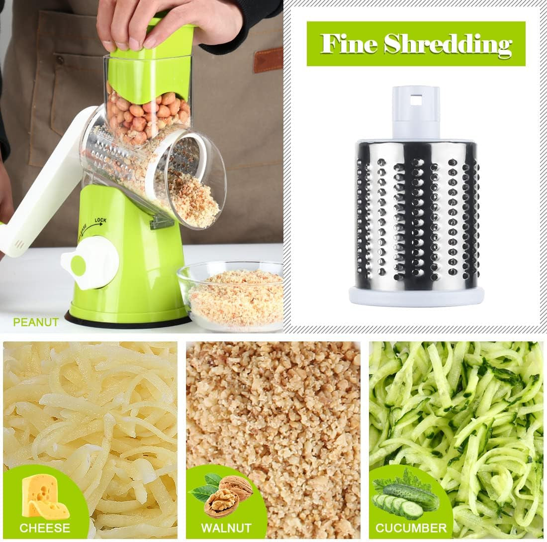 Manual Cheese Rotary Grater - round Mandoline Slicer Shredder with 3 Inner Adjustable Blades (Green)