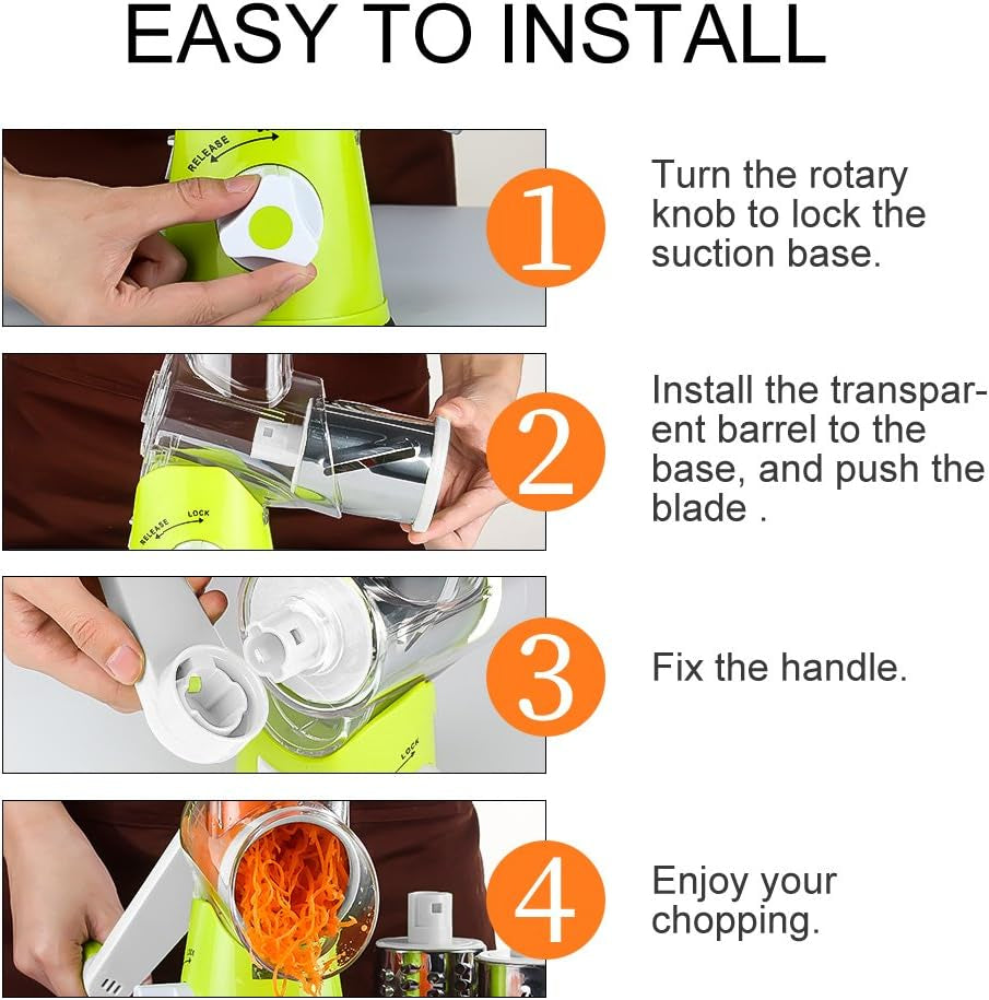 Manual Cheese Rotary Grater - round Mandoline Slicer Shredder with 3 Inner Adjustable Blades (Green)