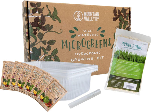 Self Watering Indoor Microgreens Kit - Complete Soil Microgreens Growing Kit for Vegetable Seeds & Herb Seeds - Black Sunflower Seeds, Pea Shoots Microgreen Seeds, Swiss Chard Seeds, & Cilantro Seeds