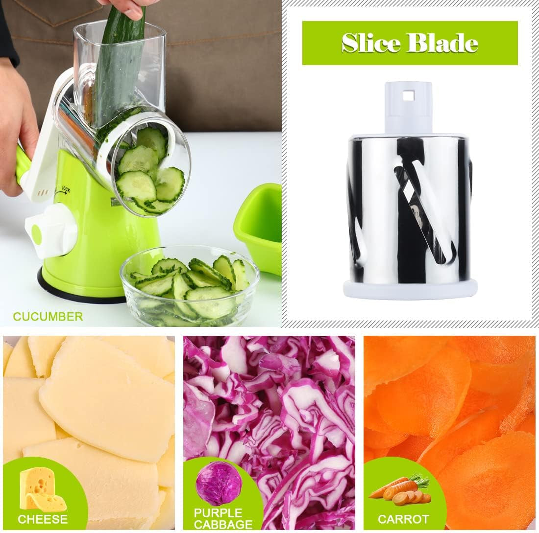 Manual Cheese Rotary Grater - round Mandoline Slicer Shredder with 3 Inner Adjustable Blades (Green)