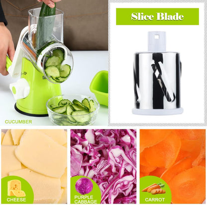 Manual Cheese Rotary Grater - round Mandoline Slicer Shredder with 3 Inner Adjustable Blades (Green)
