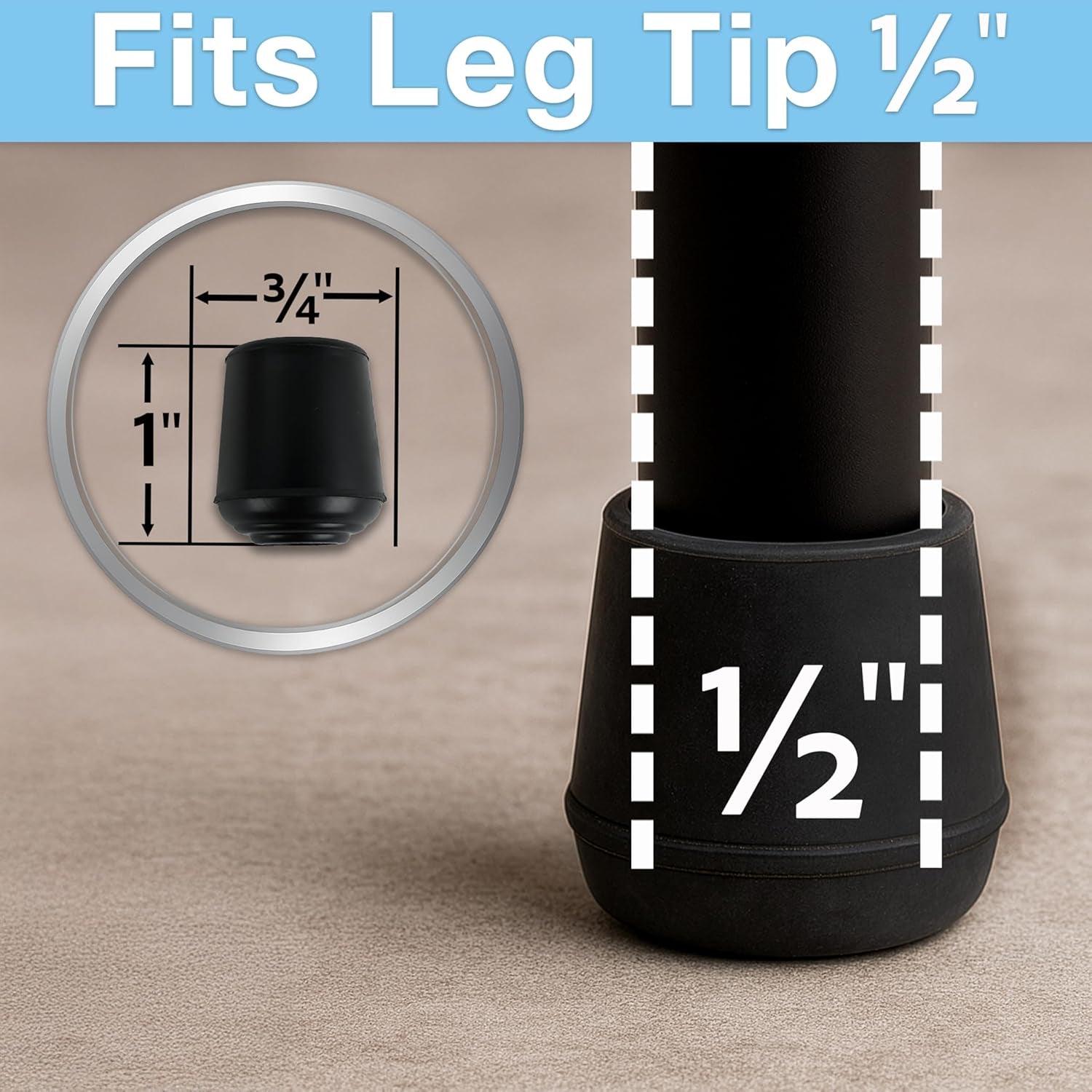 1/2" round Slip-On Rubber Folding Metal Chair Leg Tip Replacement - Protect Surfaces & Dampen Noise, Black (4 Pack)