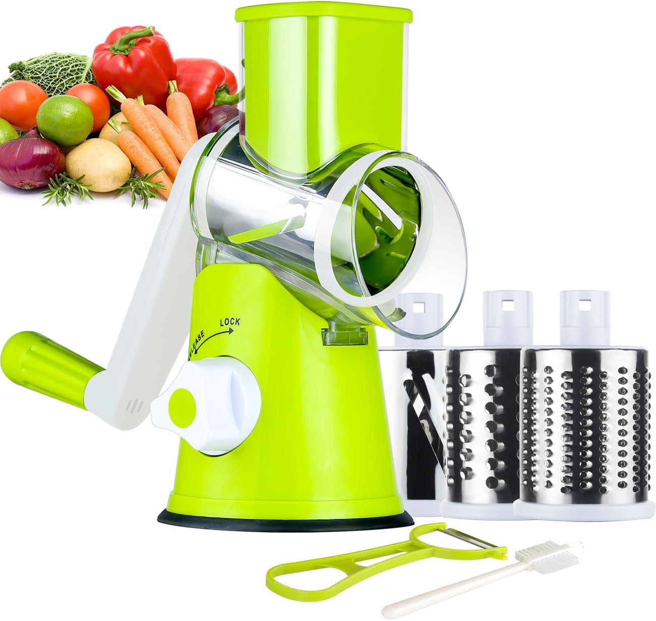 Manual Cheese Rotary Grater - round Mandoline Slicer Shredder with 3 Inner Adjustable Blades (Green)