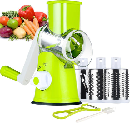 Manual Cheese Rotary Grater - round Mandoline Slicer Shredder with 3 Inner Adjustable Blades (Green)