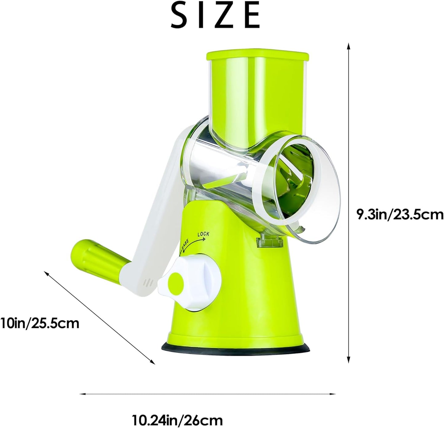 Manual Cheese Rotary Grater - round Mandoline Slicer Shredder with 3 Inner Adjustable Blades (Green)